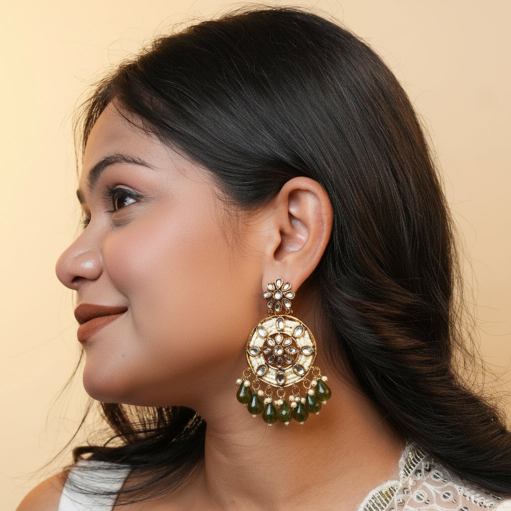 Siya Kundan Earrings (Olive Green)