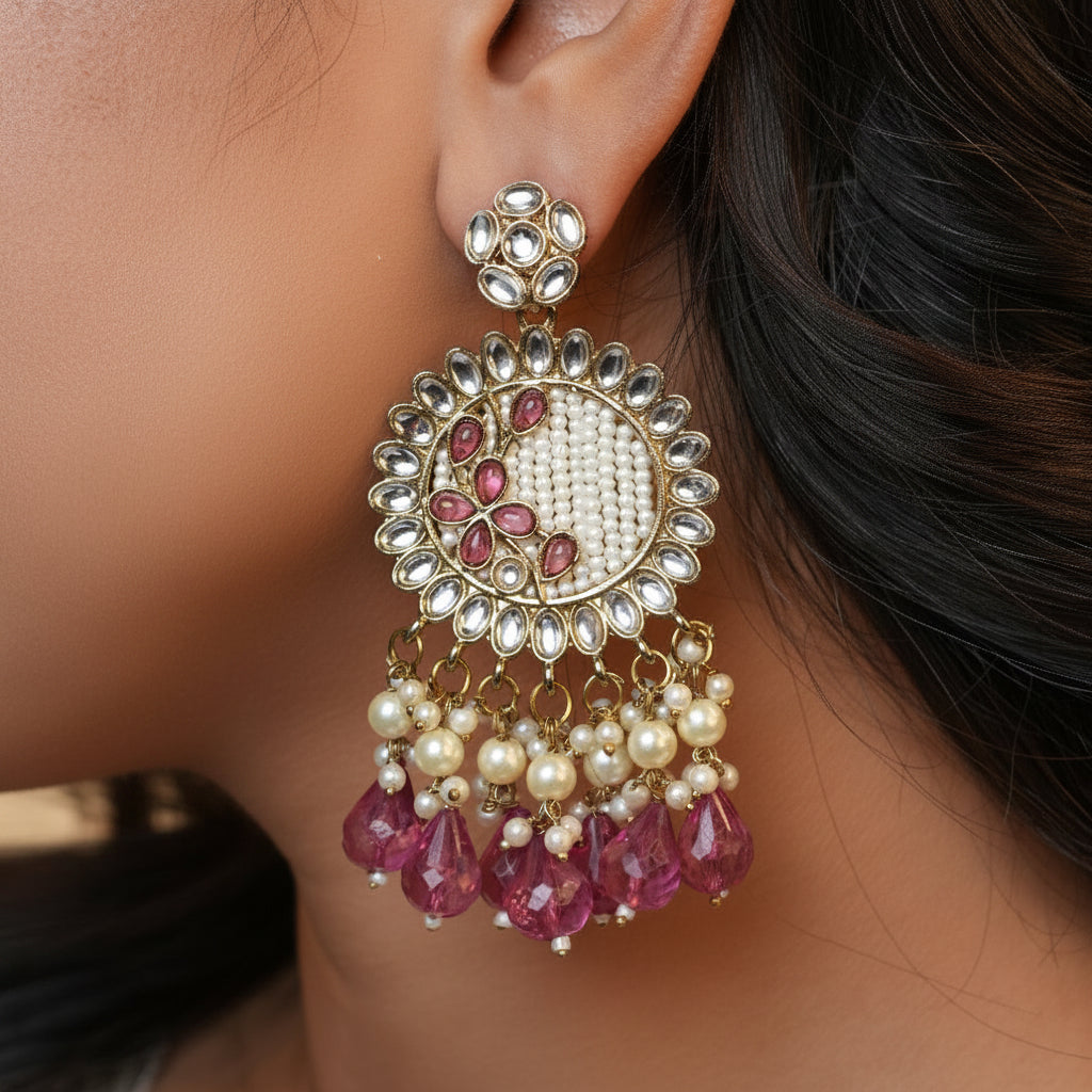 Kavya Kundan Earrings (Pink)