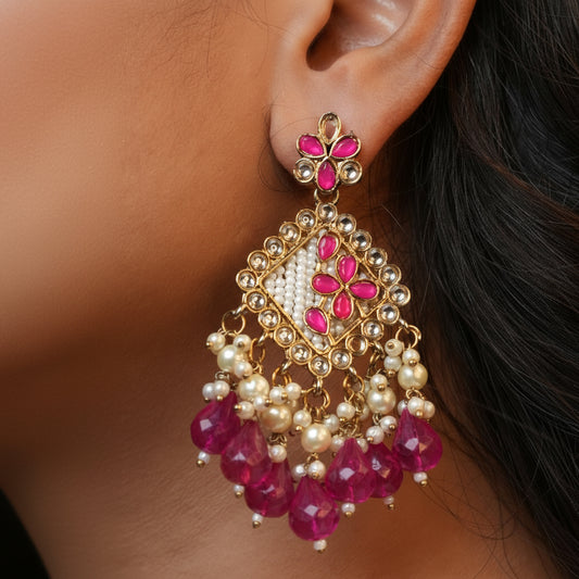 Ziya Kundan Earrings (Rani-Pink)