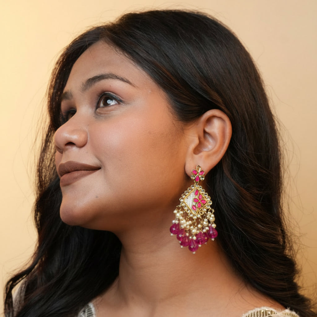Ziya Kundan Earrings (Rani-Pink)