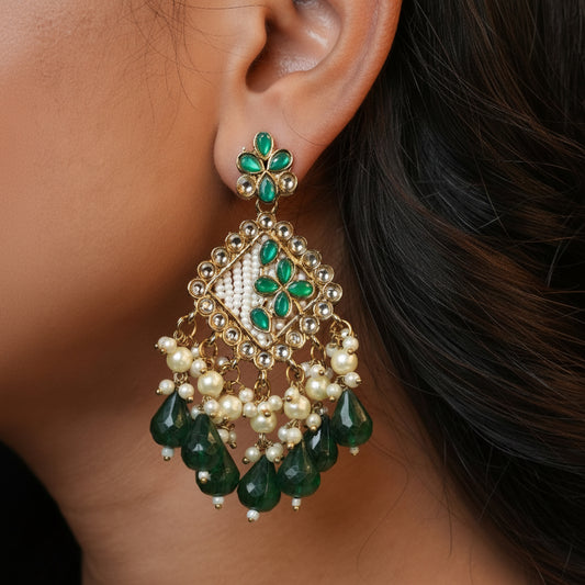 Ziya Kundan Earrings (Green)