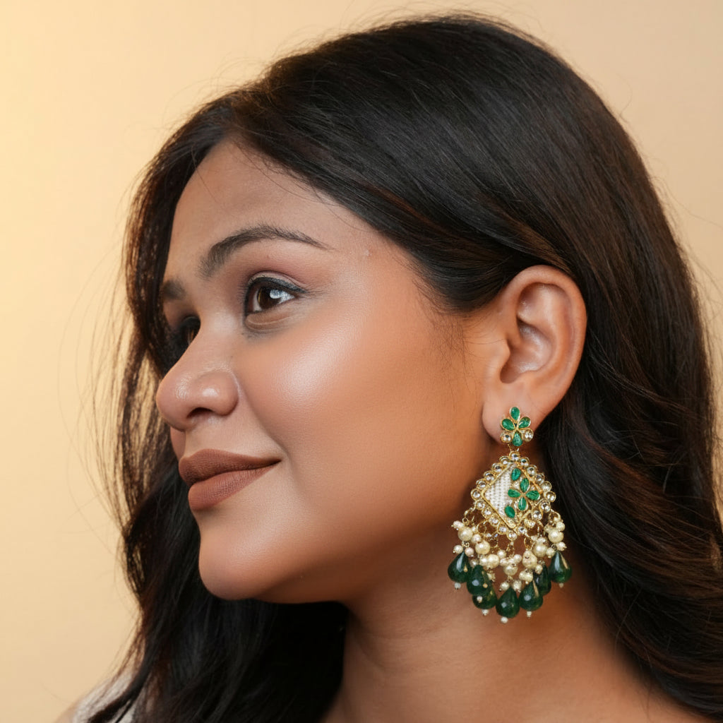 Ziya Kundan Earrings (Green)