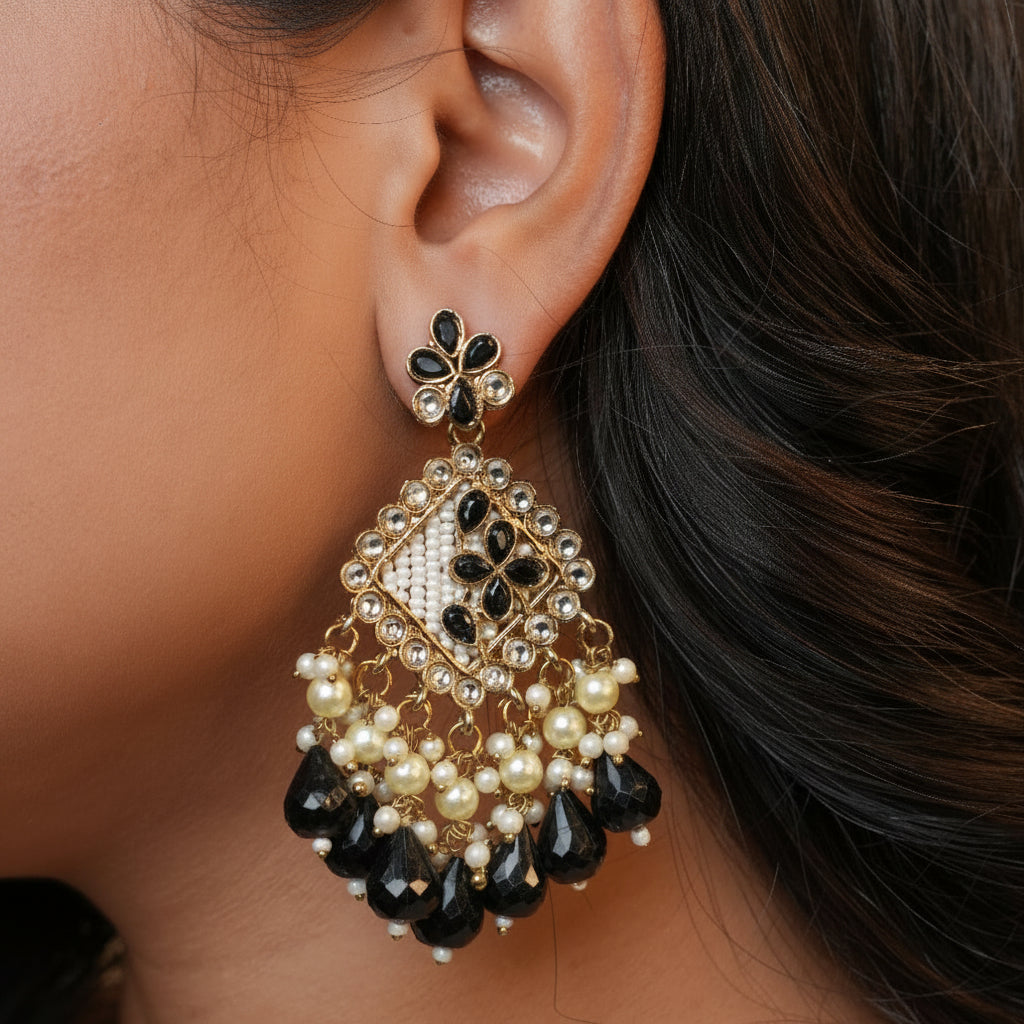Ziya Kundan Earrings (Black)