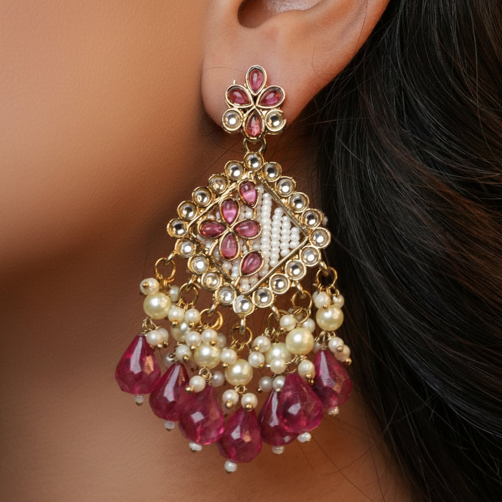 Ziya Kundan Earrings (Pink)