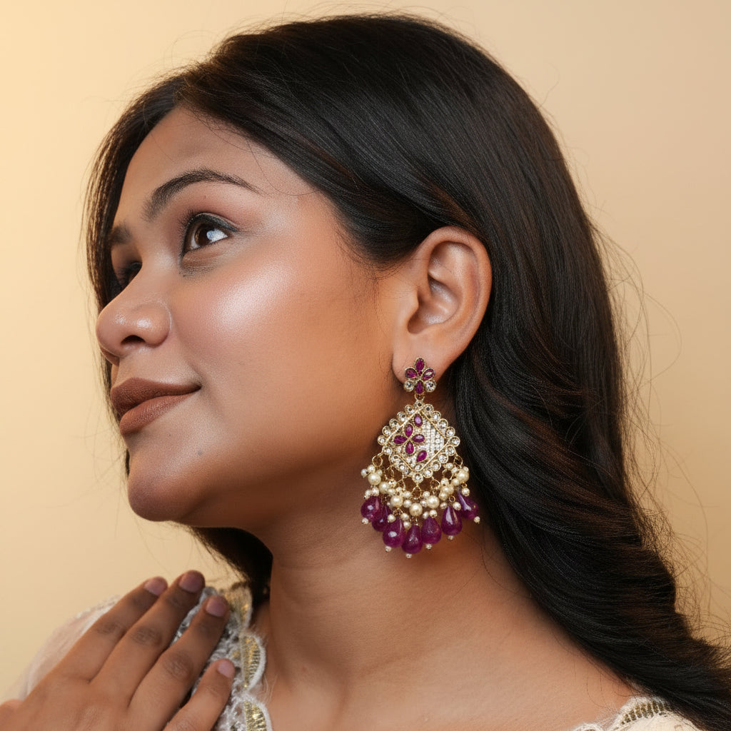 Ziya Kundan Earrings (Purple)