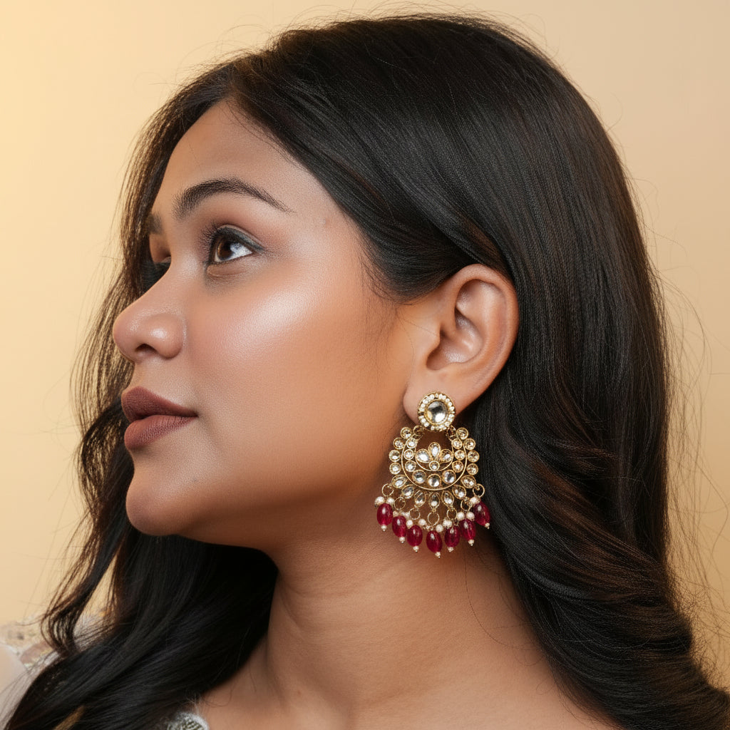 Diya Kundan Earrings (Red)