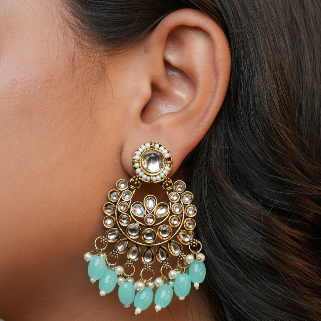 Diya Kundan Earrings (Blue)