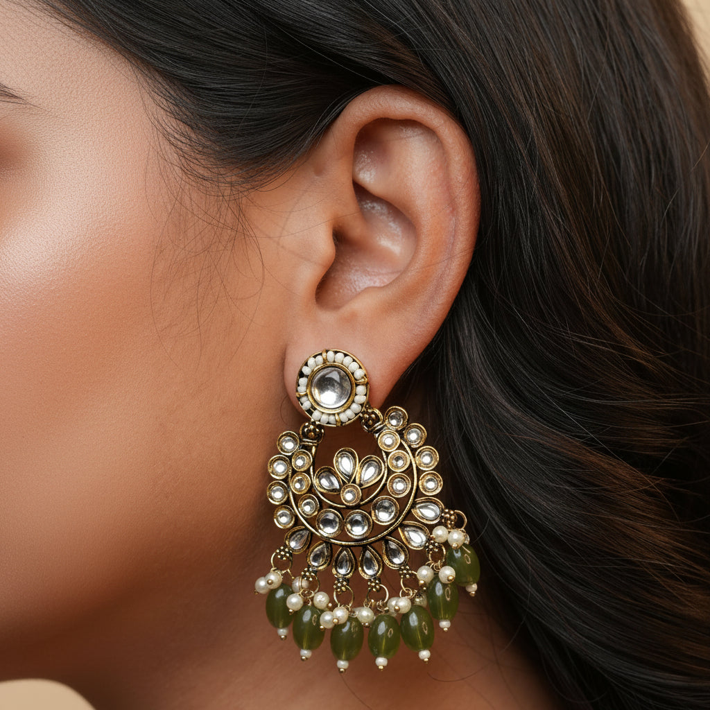 Diya Kundan Earrings (Green)