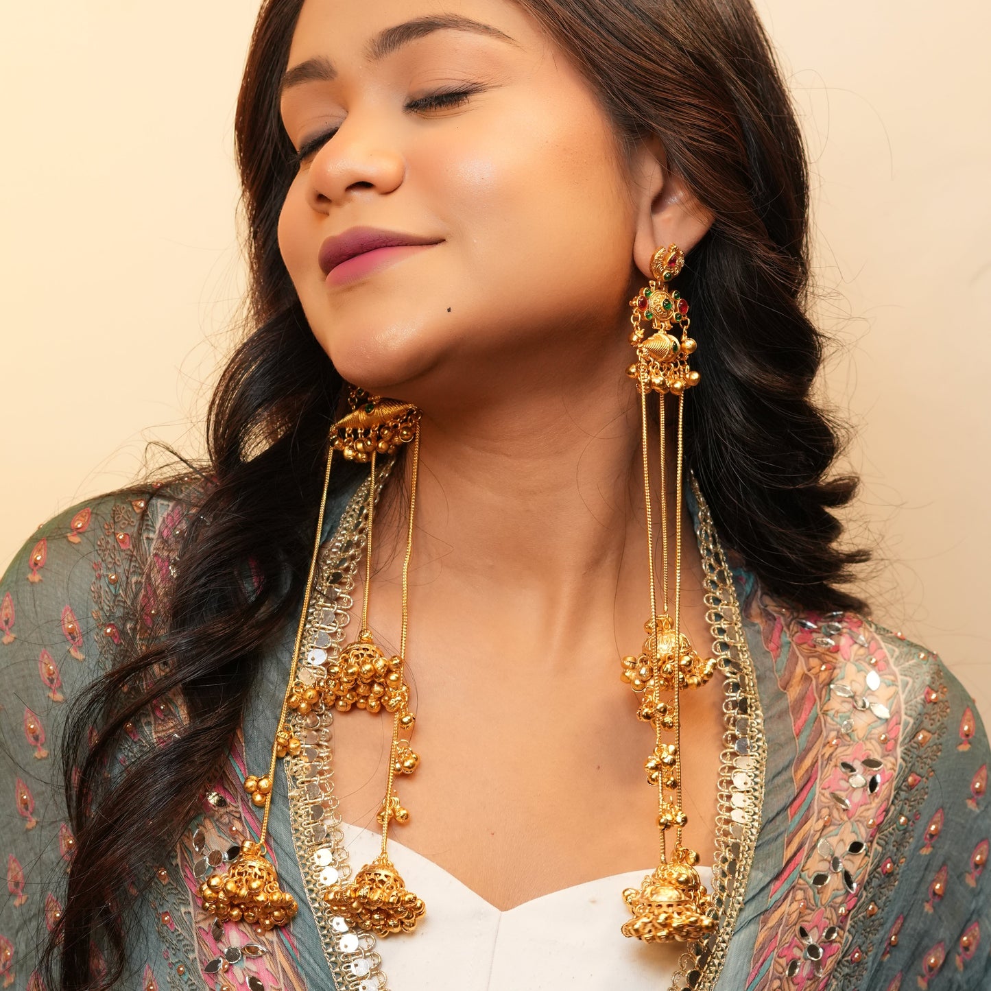 Riwaaz Kashmiri Earrings (Green-Pink)