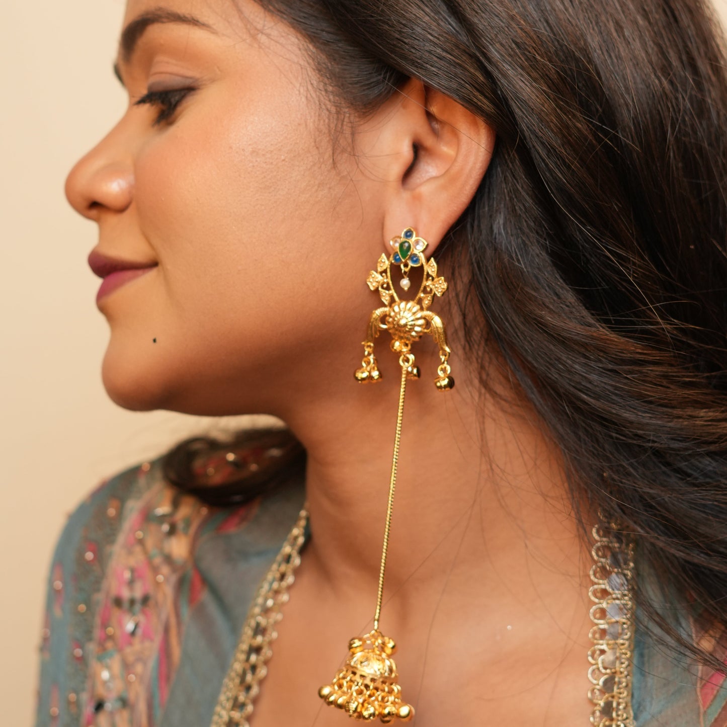 Lotus Kashmiri Earrings (Green-Blue- Multi)