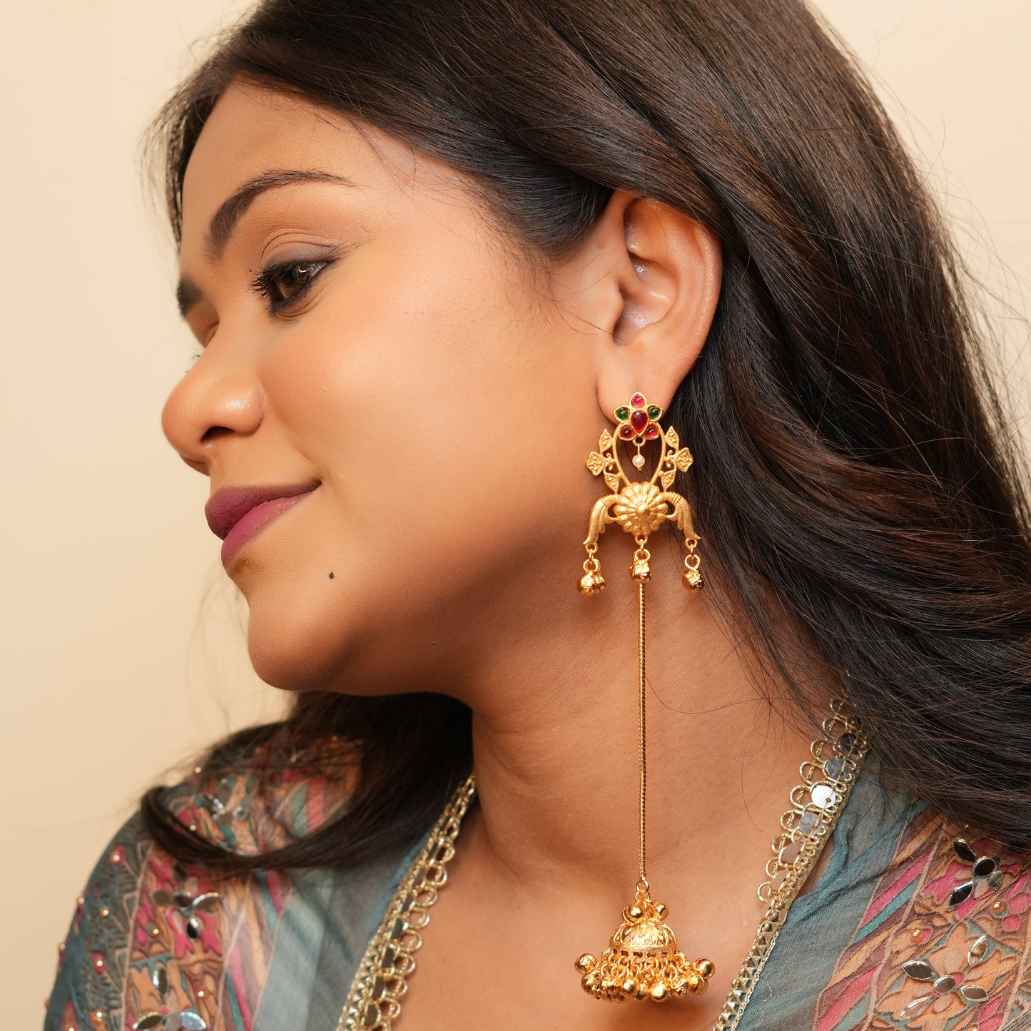 Lotus Kashmiri Earrings (Pink-Green)