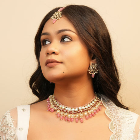 Sima Necklace with Maang-tikka (Pink)