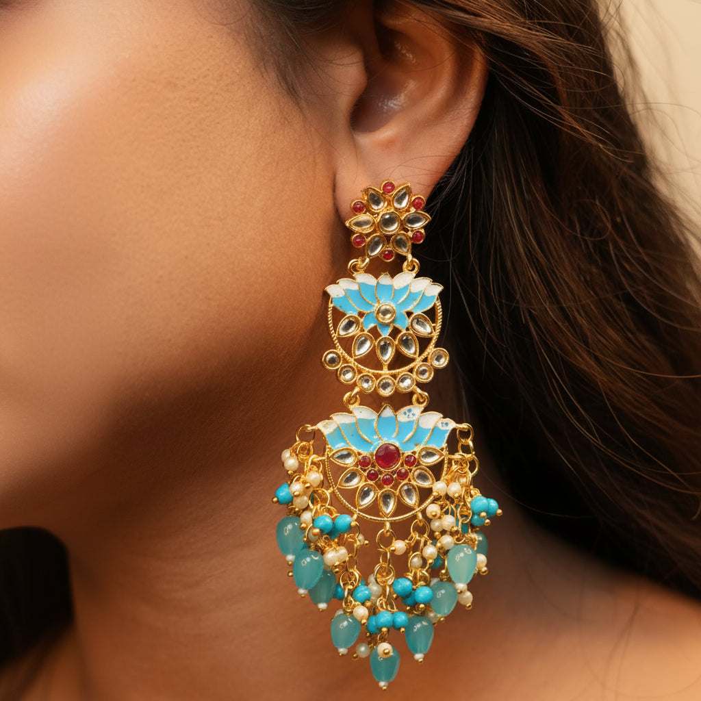 Lotus Kundan Earrings (Blue)