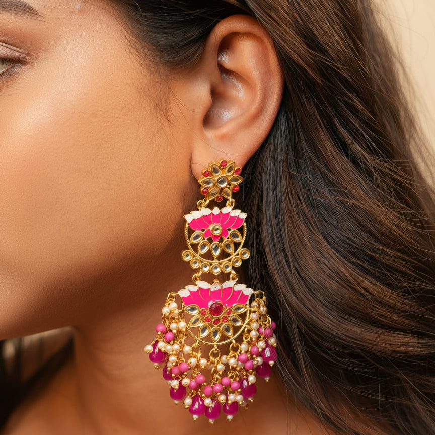 Lotus Kundan Earrings (Pink)