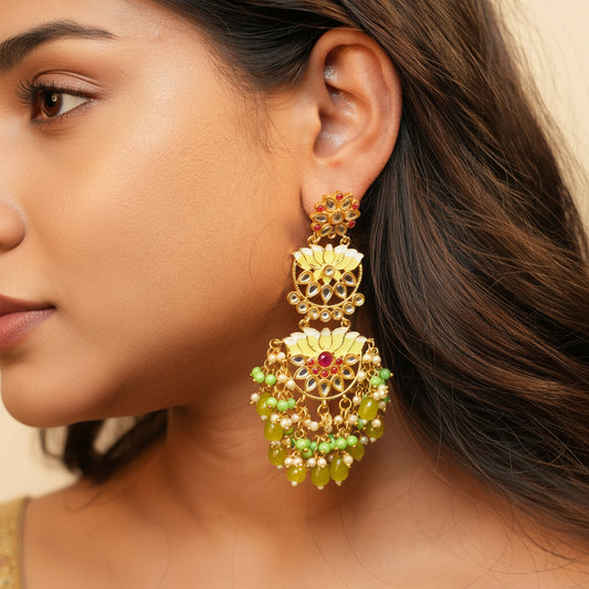 Lotus Kundan Earrings (Green)