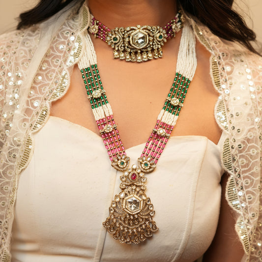 Meera Layered Necklace (Green-Pink)