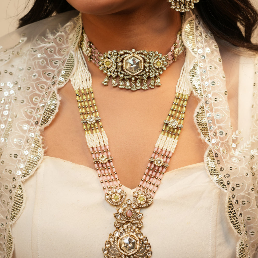 Meera Layered Necklace (Light Green-Light Pink)