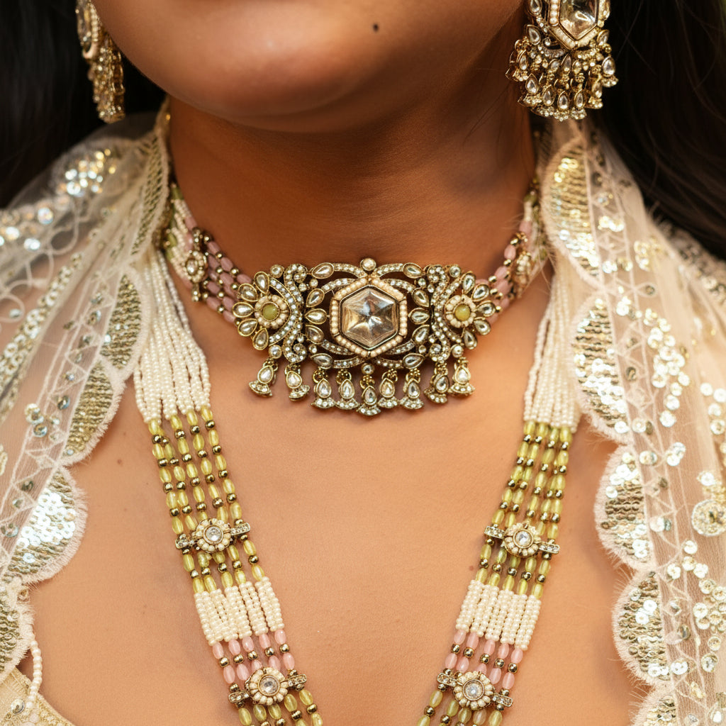 Meera Layered Necklace (Light Green-Light Pink)