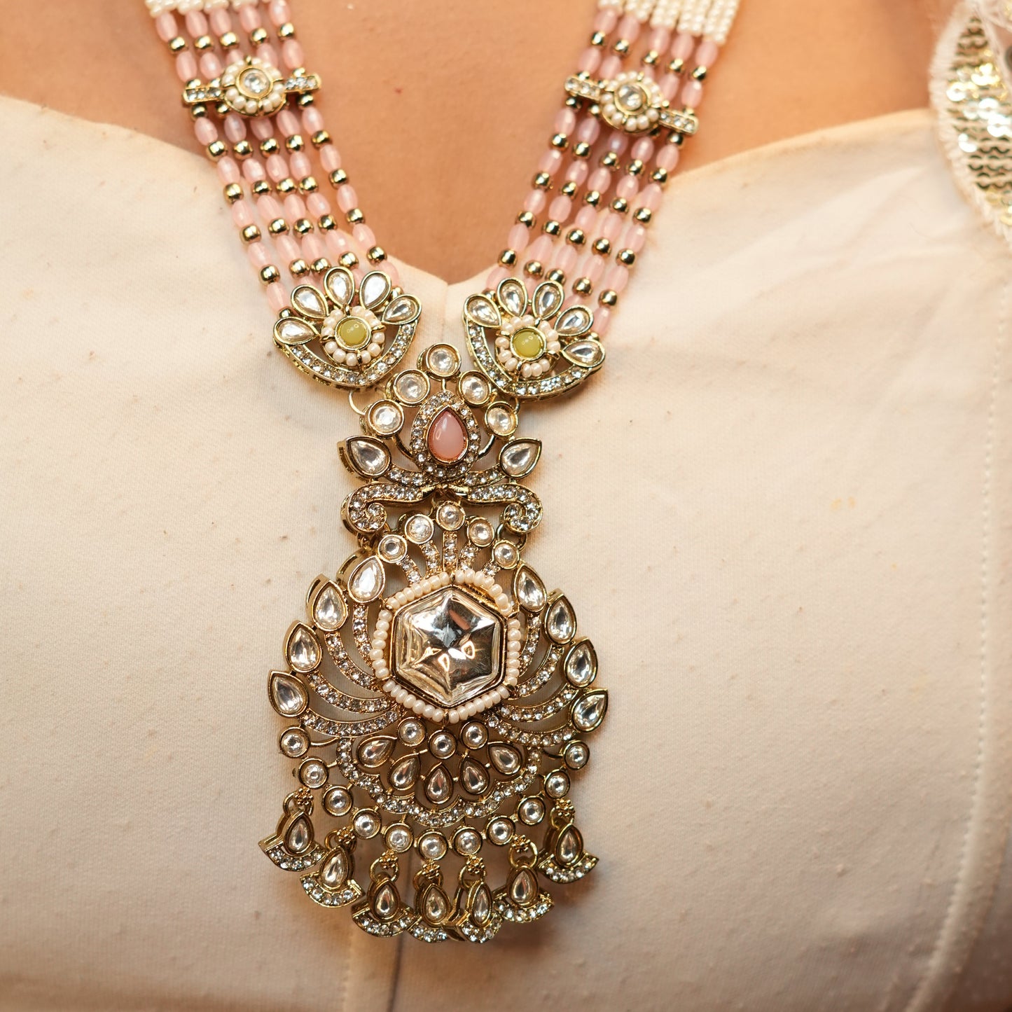 Meera Layered Necklace (Light Green-Light Pink)