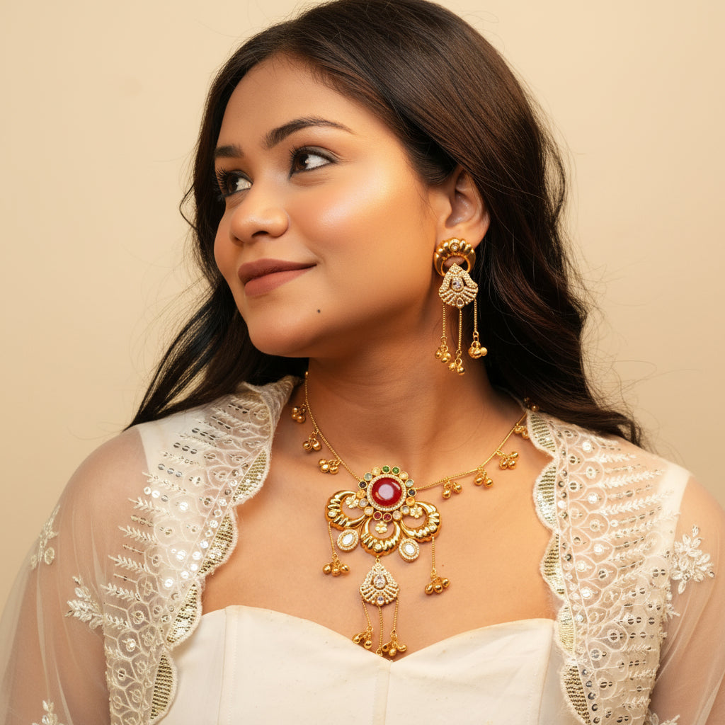 Sufi Kashmiri Necklace (Red with Multi-Colour)