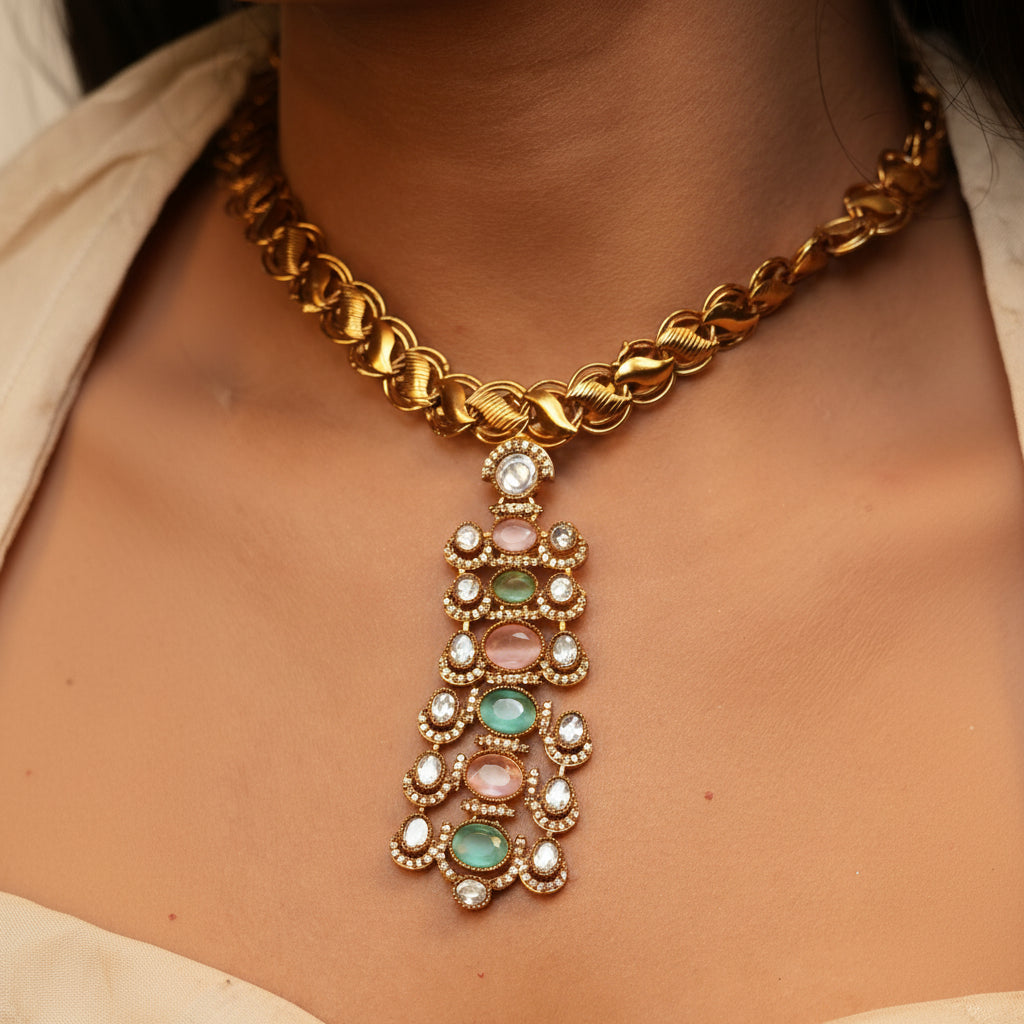 Noorvi AD Necklace (Mint Green- Pink)