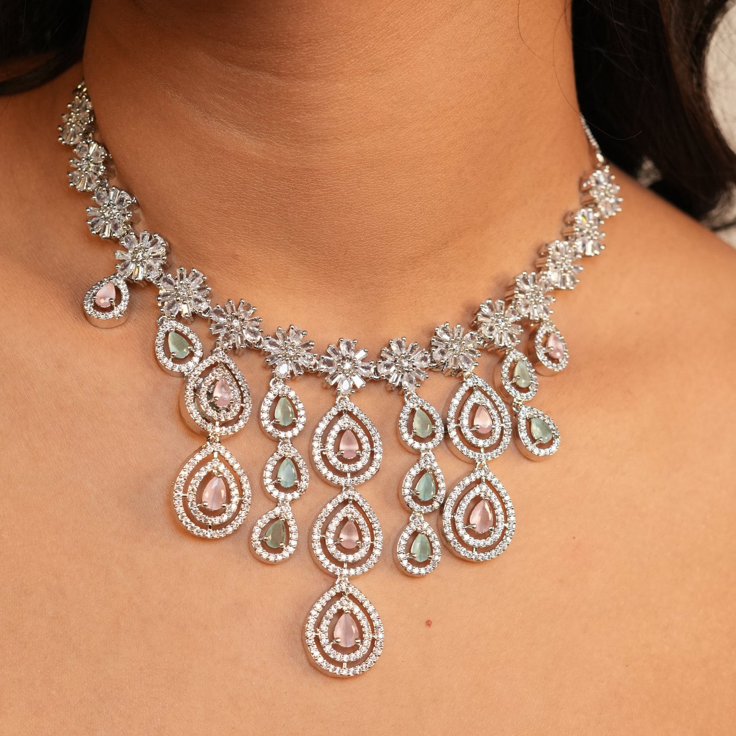 Royal Bloosom AD Necklace (Pink and Mint Green)