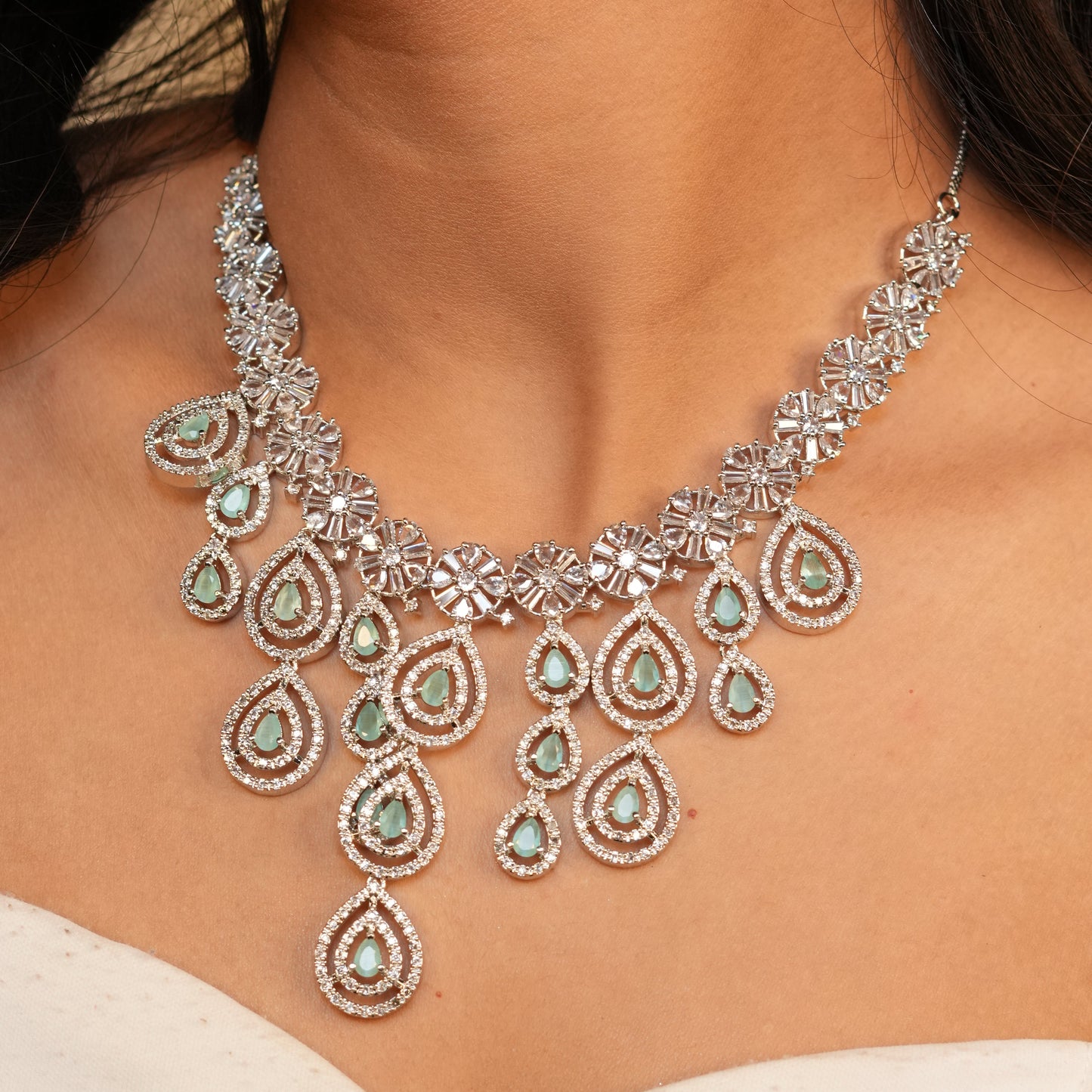 Royal Bloosom AD Necklace (Mint Green)