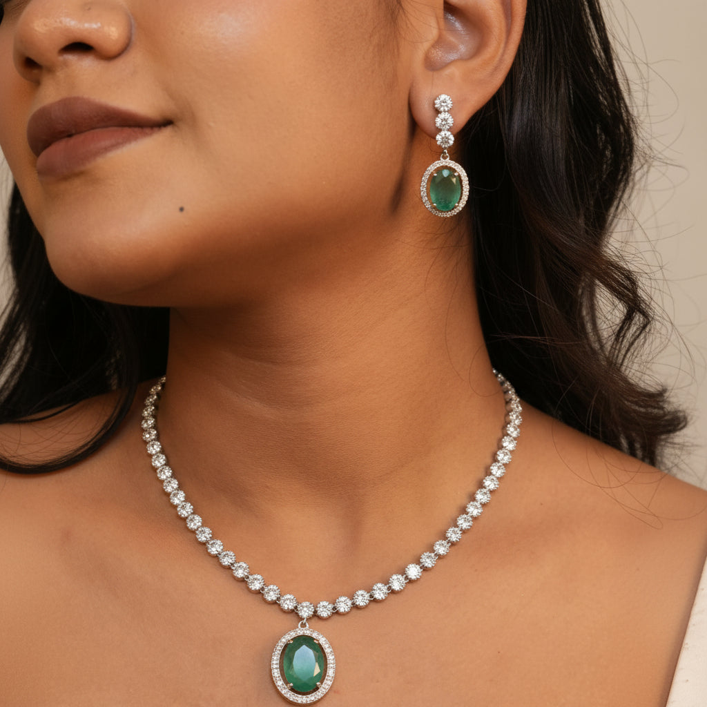 Regal Solitaire AD Necklace (Mint Green)