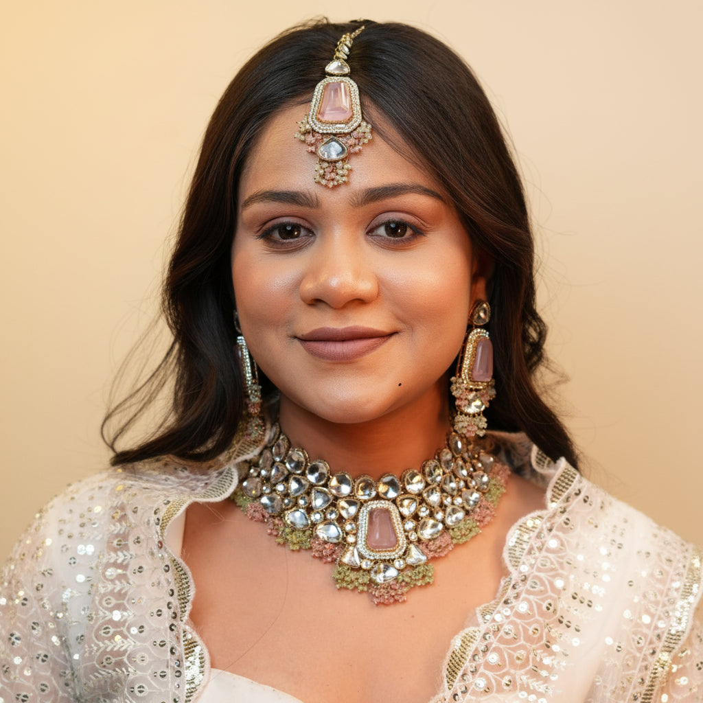 Arya Bridal Necklace (Light-Pink and Green)