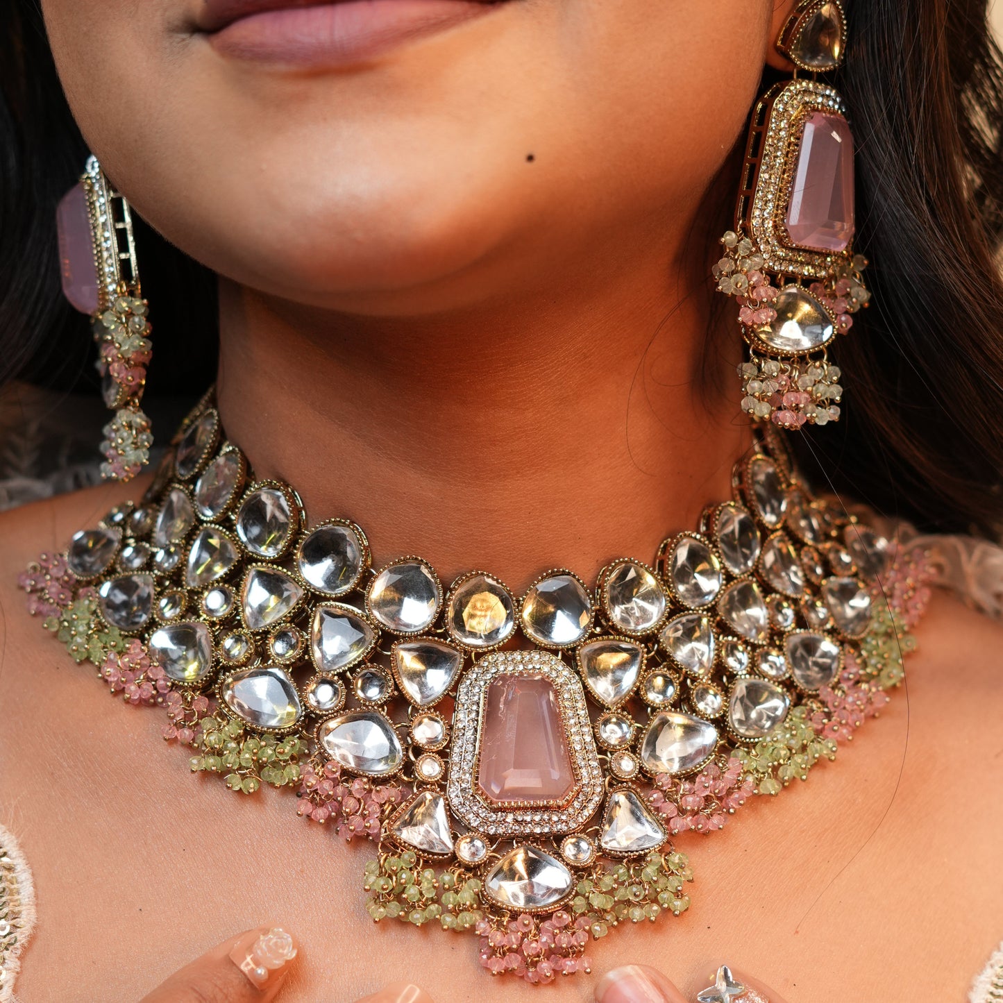 Arya Bridal Necklace (Light-Pink and Green)