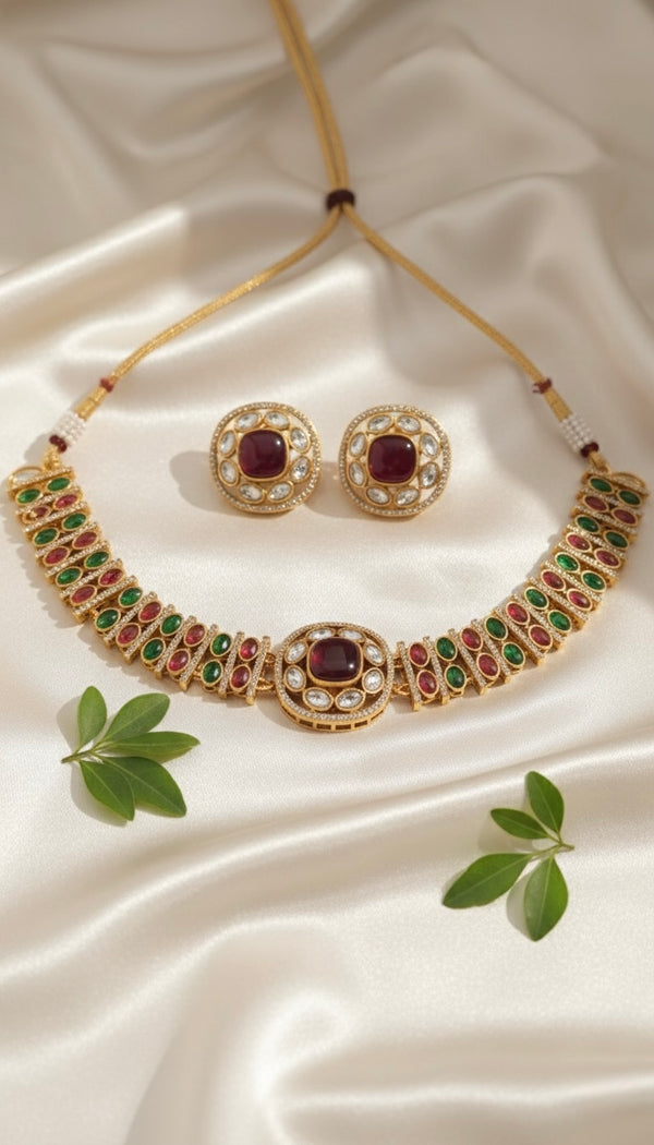Aarzoo Kundan Necklace (Wine and Green)