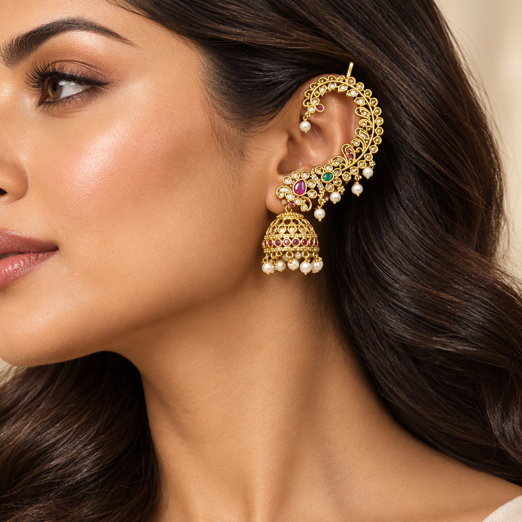 Nisha Temple Ear Cuffs (Green-Pink)