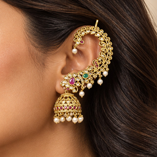 Nisha Temple Ear Cuffs (Green-Pink)