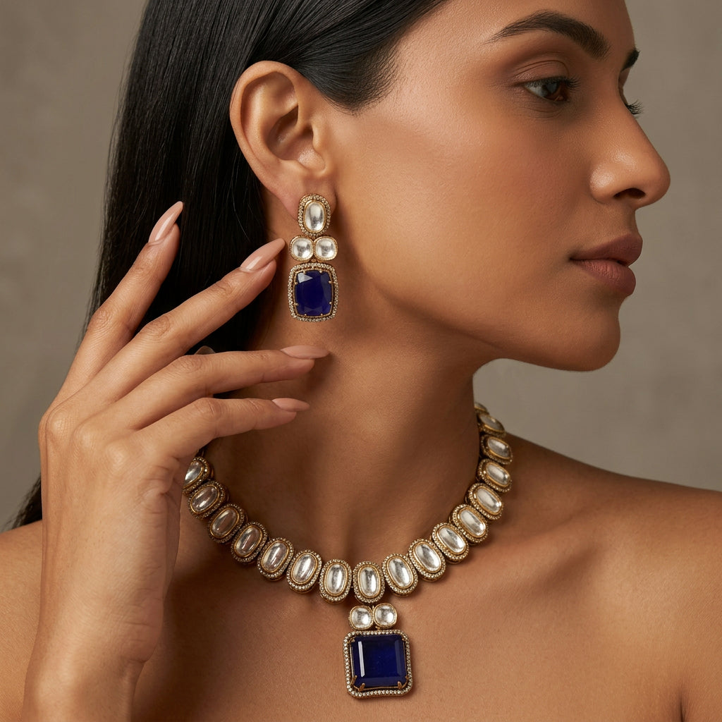 Rukmini Kundan Necklace Set (Blue)
