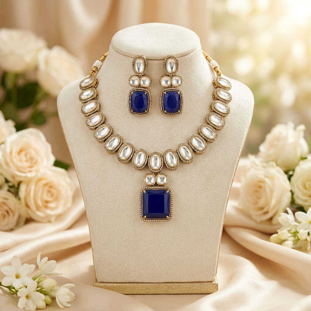 Rukmini Kundan Necklace Set (Blue)