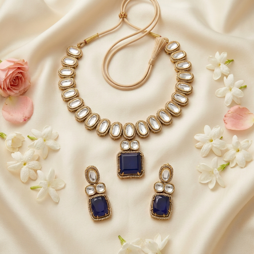 Rukmini Kundan Necklace Set (Blue)
