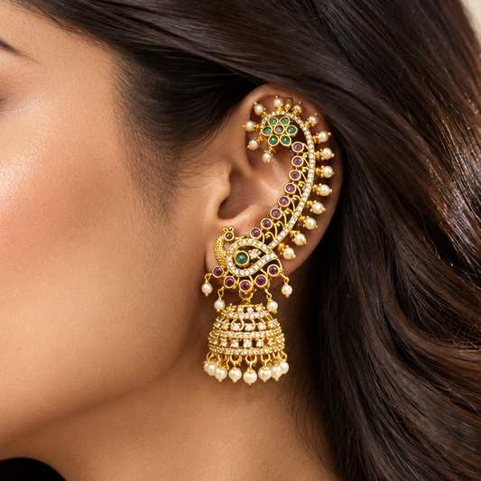 Zara Temple Ear Cuffs (Green-Pink)
