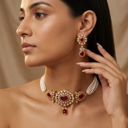 Pranjal Kundan Pearl Choker Necklace Set (Pink-White)