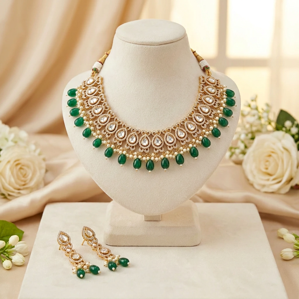 Ritika AD Necklace Set (Green)