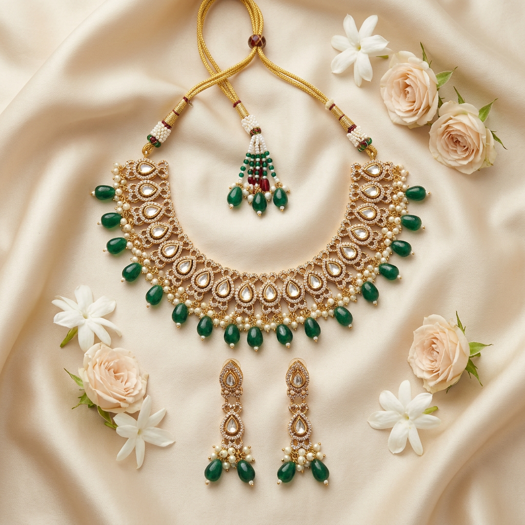 Ritika AD Necklace Set (Green)