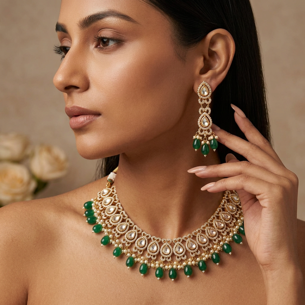 Ritika AD Necklace Set (Green)