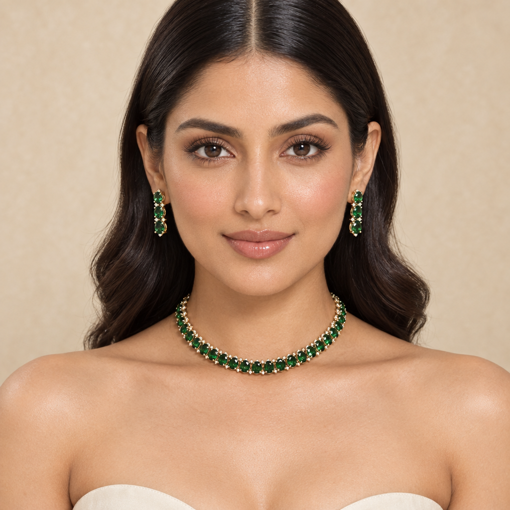 Meera Chokar Necklace Set (Green)
