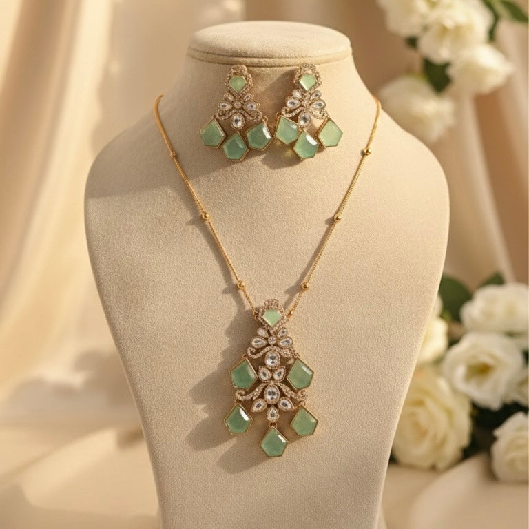 Aarshiya Chain Kundan Necklace (Mint Green)