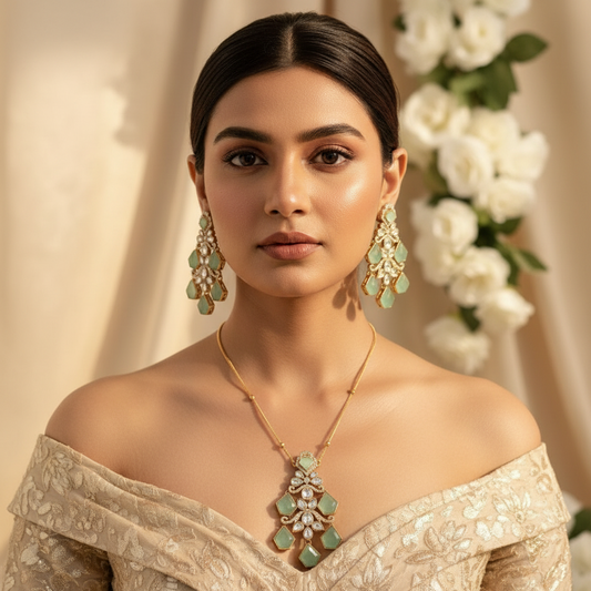 Aarshiya Chain Kundan Necklace (Mint Green)