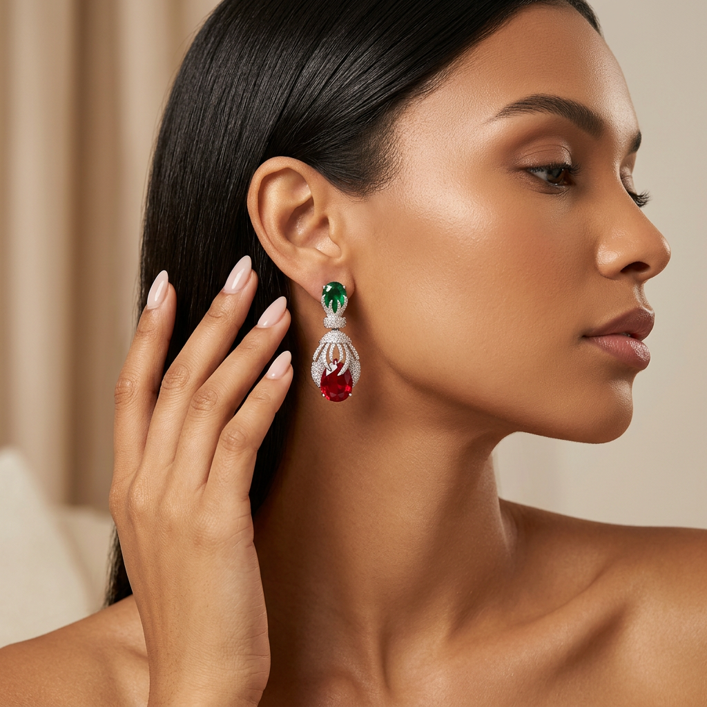 Roshni AD Earrings (Green-Red)