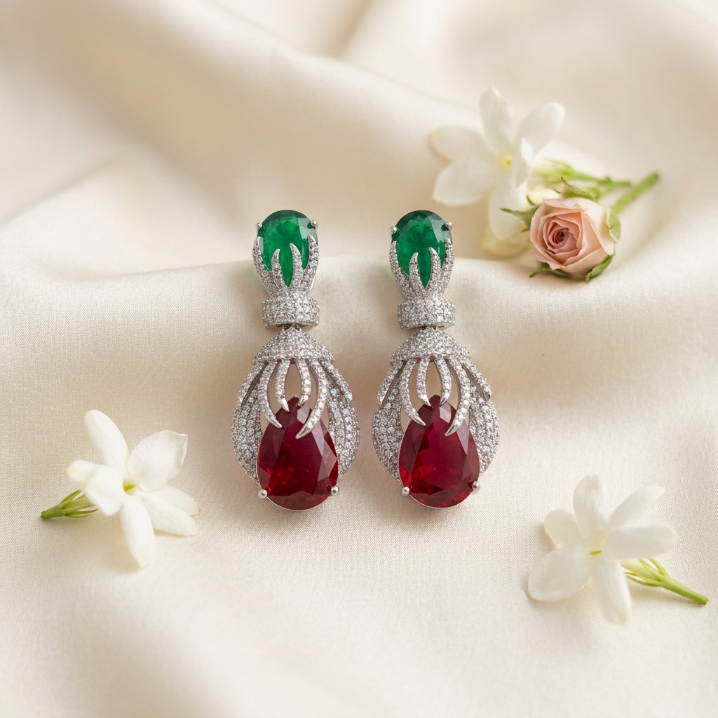 Roshni AD Earrings (Green-Red)