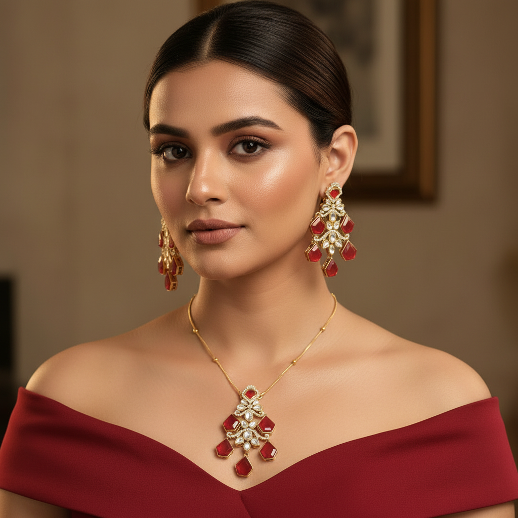 Aarshiya Chain Kundan Necklace (Red)