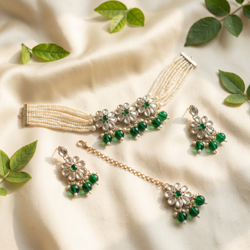 Aanya Kundan Pearl Necklace Set (Green)