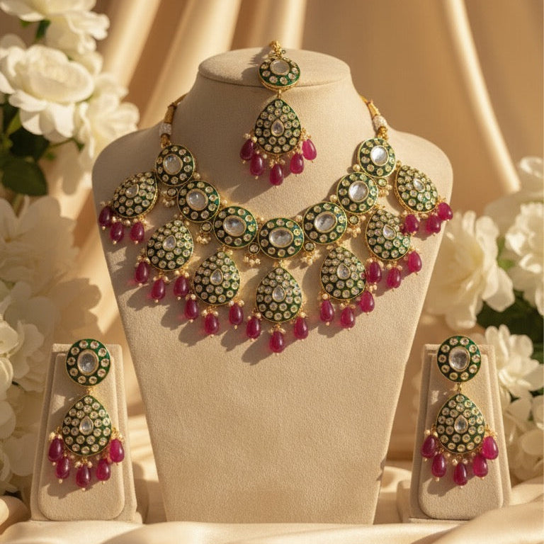 Zarnoor Kundan Bridal Necklace (Wine and Green)