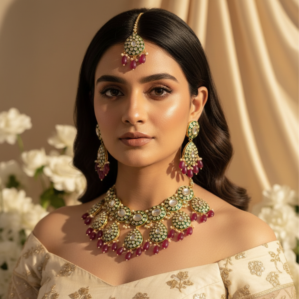 Zarnoor Kundan Bridal Necklace (Wine and Green)